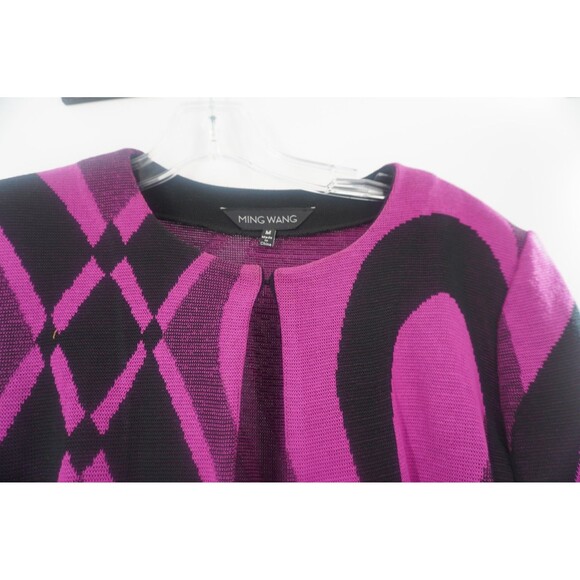 Ming Wang Fuchsia Black Wave Abstract Geometric Heavy Knit Cardigan Sweater Sz M - Picture 9 of 12